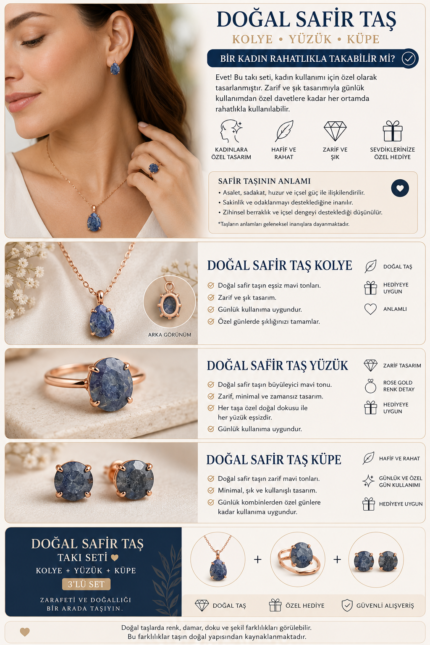 Safir Doğal Taş Takı Seti | Kolye Yüzük Küpe | Rose Gold Renk | 3'lü Set