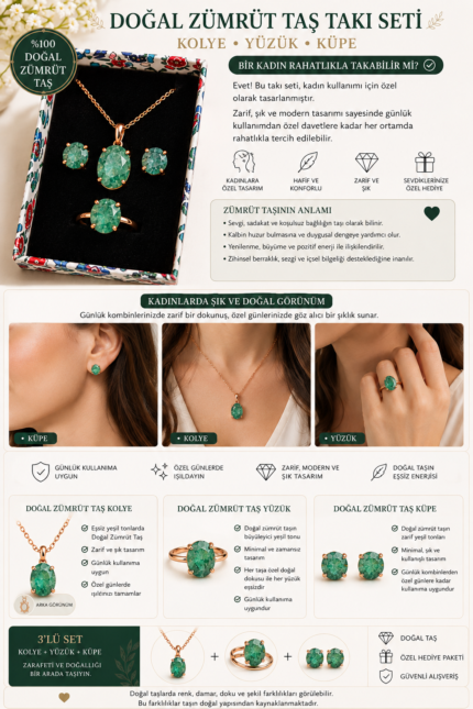 Zümrüt Doğal Taş Takı Seti | Kolye Yüzük Küpe | Rose Gold Renk | 3'lü Set